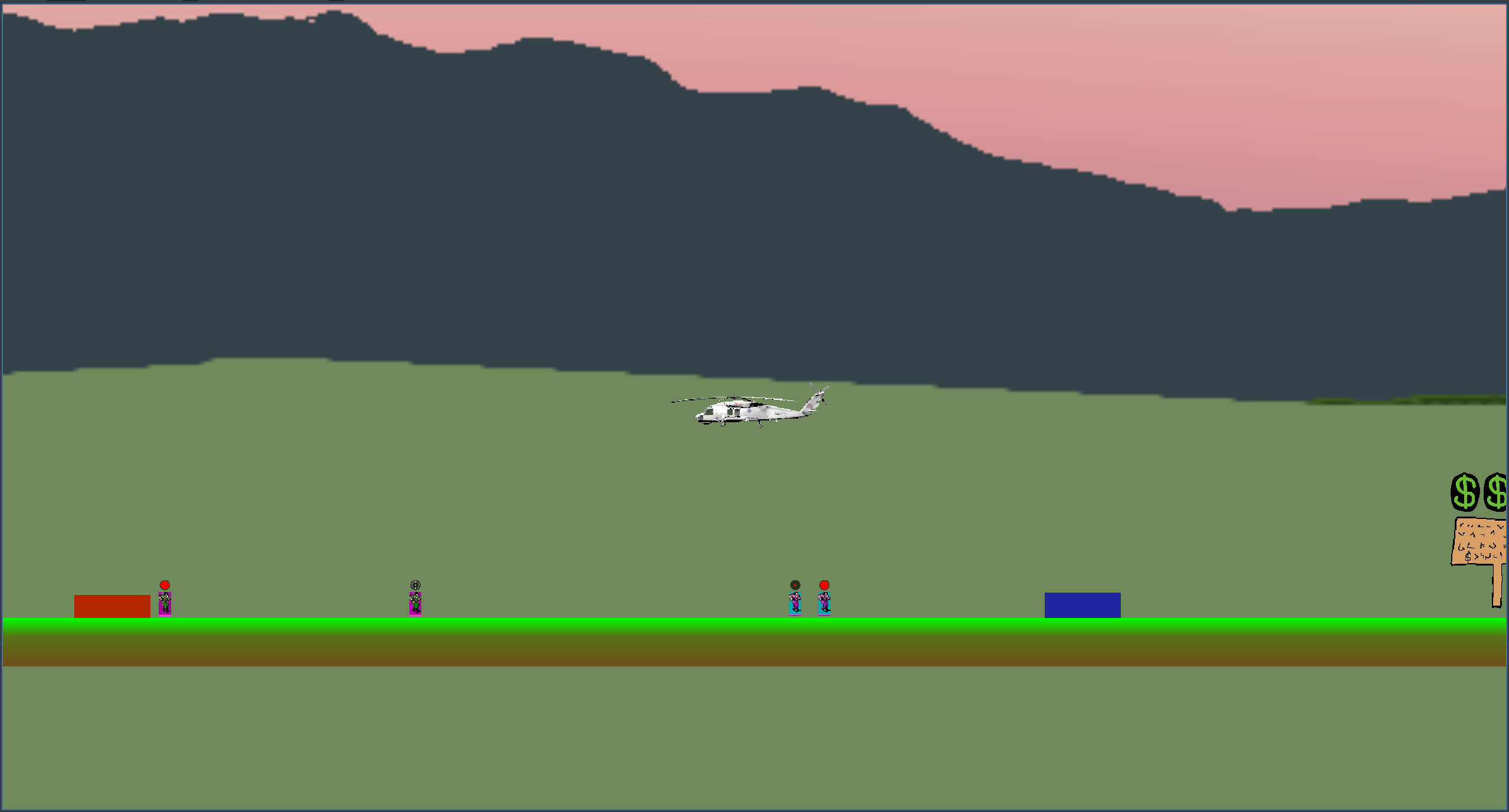 A screenshot of an early build of the helo game. There's a helicopter flying above some soldiers with mountains in the background. The soldiers are fighting.